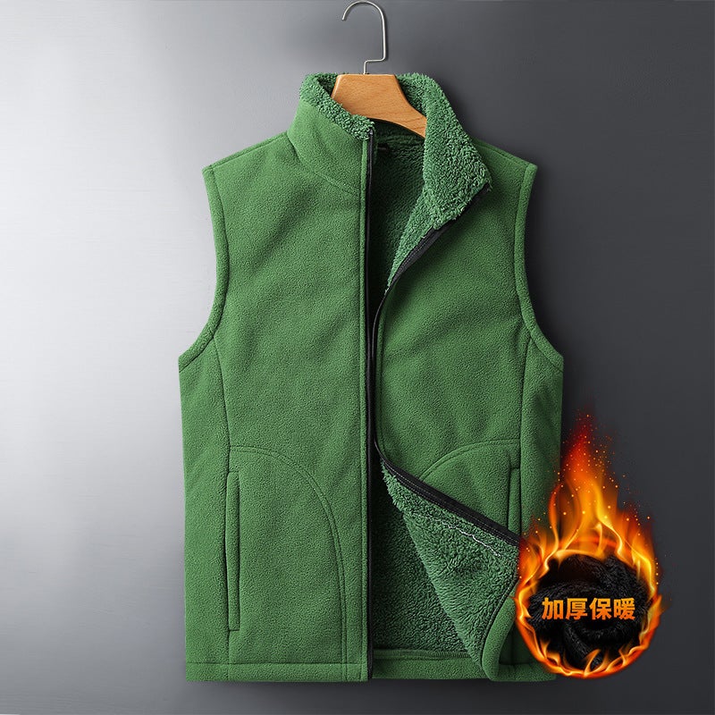 Mens Large Size Fleece Lined Sports Vest Warm Winter Outerwear Korean Style Loose Fit Cardigan Zipper Closure Solid Color Green - Image 1