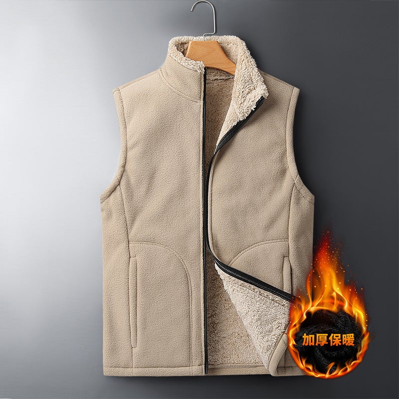 Mens Large Size Fleece Lined Sports Vest Warm Winter Outerwear Korean Style Loose Fit Cardigan Zipper Closure Solid Color Green - Image 2