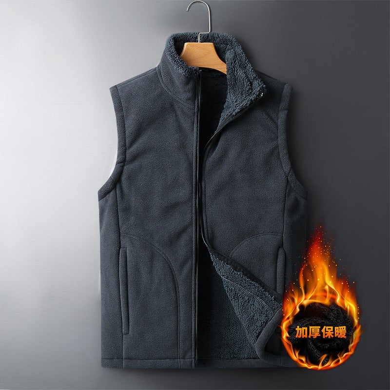 Mens Large Size Fleece Lined Sports Vest Warm Winter Outerwear Korean Style Loose Fit Cardigan Zipper Closure Solid Color Green - Image 5