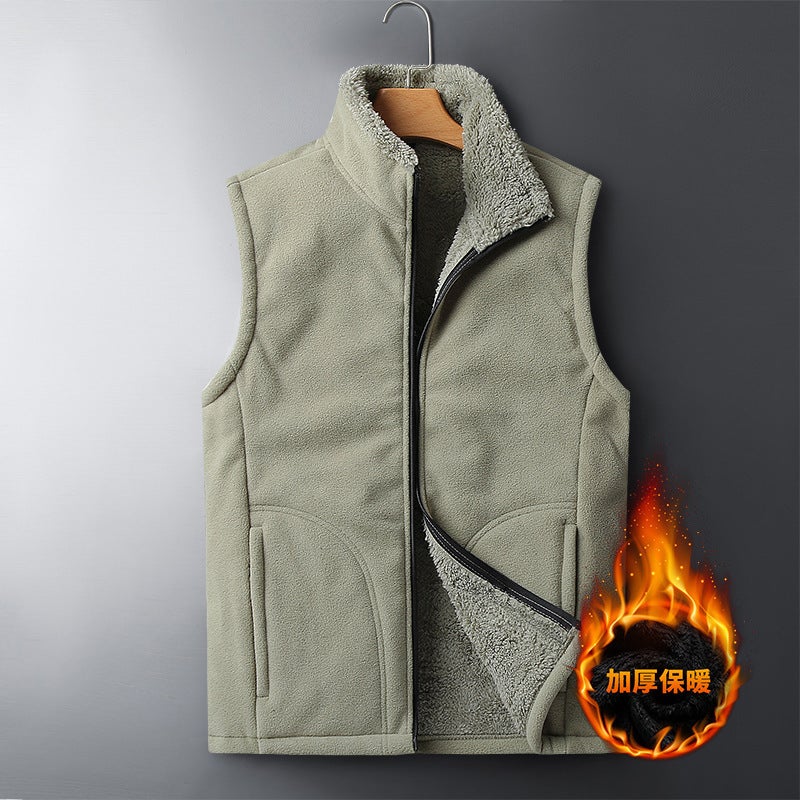 Mens Large Size Fleece Lined Sports Vest Warm Winter Outerwear Korean Style Loose Fit Cardigan Zipper Closure Solid Color Green - Image 3