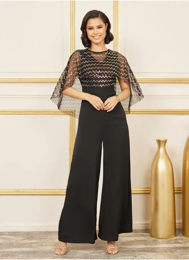 Styli Sequin Detail Cape Style Wide Leg Jumpsuit