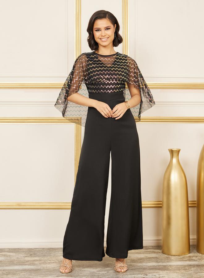 Styli Sequin Detail Cape Style Wide Leg Jumpsuit  - Image 2