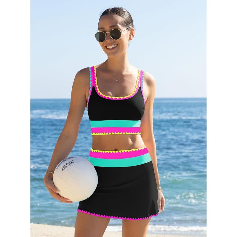 popvil High Waisted Bikini Sets for Women Tummy Control Swimsuits 3 Piece Bathing Suits Neon Swimwear with Skirt 2026, Black, M - Image 5