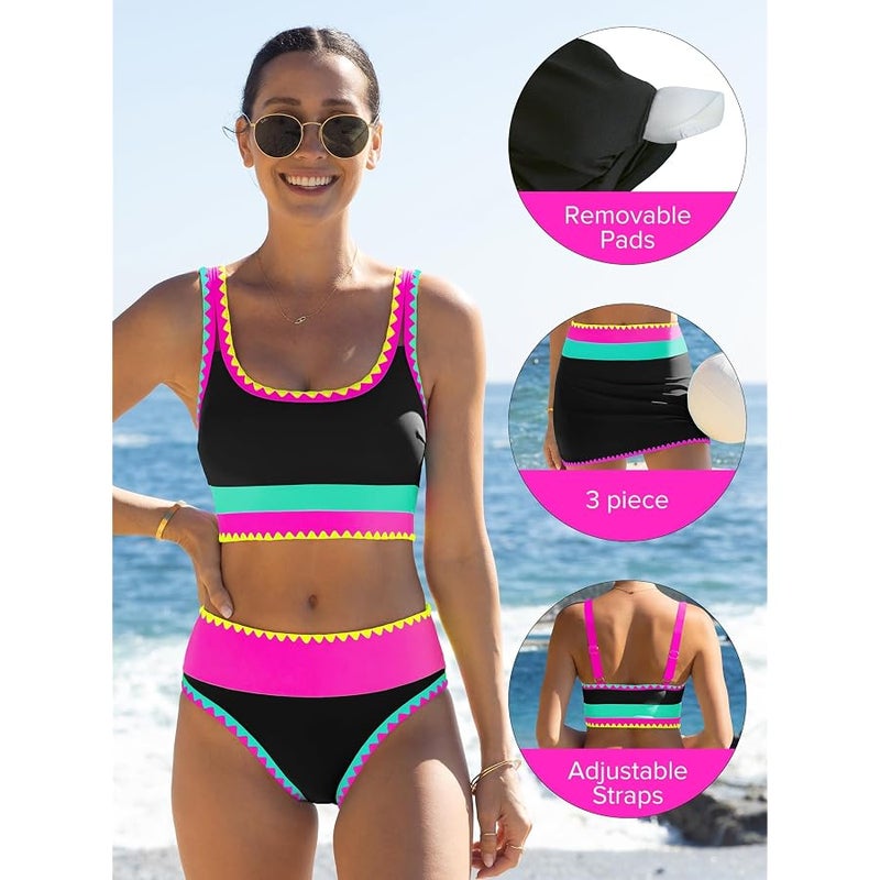 popvil High Waisted Bikini Sets for Women Tummy Control Swimsuits 3 Piece Bathing Suits Neon Swimwear with Skirt 2026, Black, M - Image 4