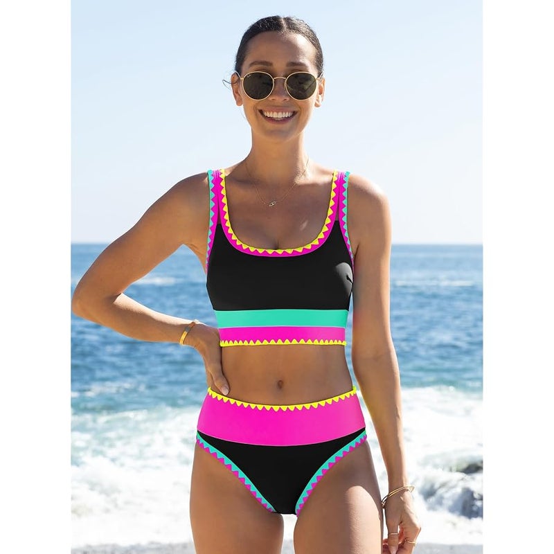 popvil High Waisted Bikini Sets for Women Tummy Control Swimsuits 3 Piece Bathing Suits Neon Swimwear with Skirt 2026, Black, M - Image 3