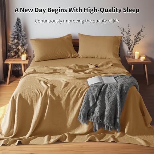 LBRO2M 100 Pure Linen Sheet Set Deep Pocket Up to 16 Bed Sheets Sets Natural Flax Beddings Soft Breathable Comfortable for All Seasons 4 Pcs Sheet Set Queen Size Rust - Image 3