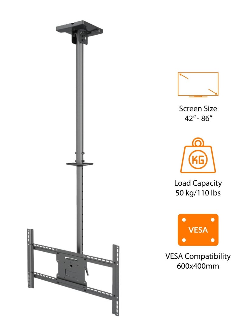 BEETEC Double Pole Ceiling Mount for 42"-86" TVs, Adjustable Height 860-3130 mm, 50kg Capacity, Tilt & Rotation Functionality, Black | TF-CM300 - Image 2