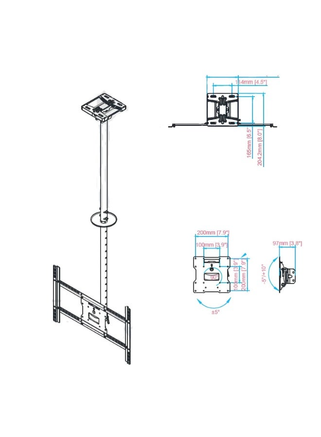 BEETEC Double Pole Ceiling Mount for 42"-86" TVs, Adjustable Height 860-3130 mm, 50kg Capacity, Tilt & Rotation Functionality, Black | TF-CM300 - Image 4