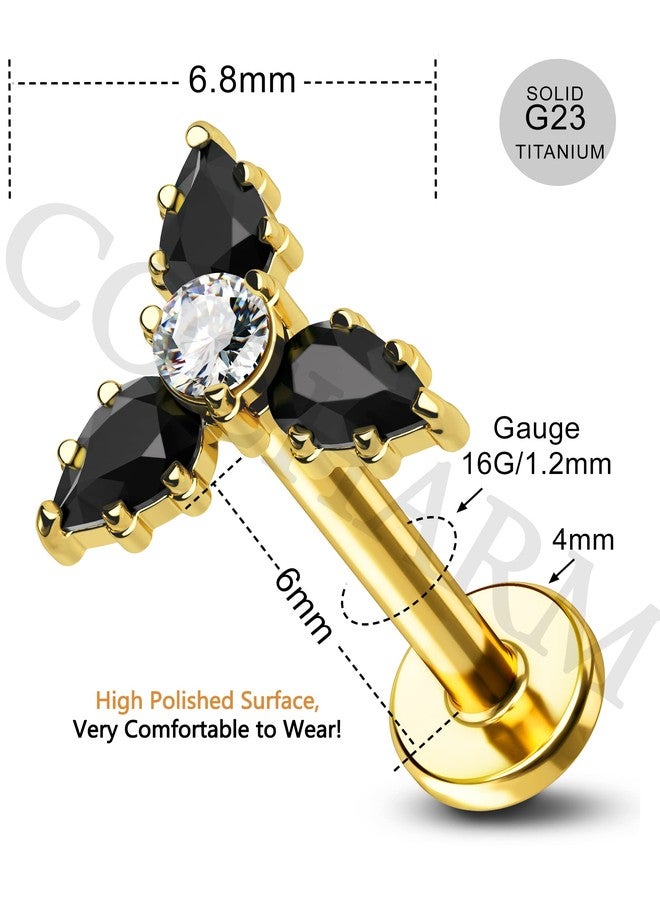 Cocharm G23 Titanium 16g Flat Back Helix Tragus Earring Stud - Gold Black Triple Floewr Threadless Cartilage Piercing Jewelry - Image 3