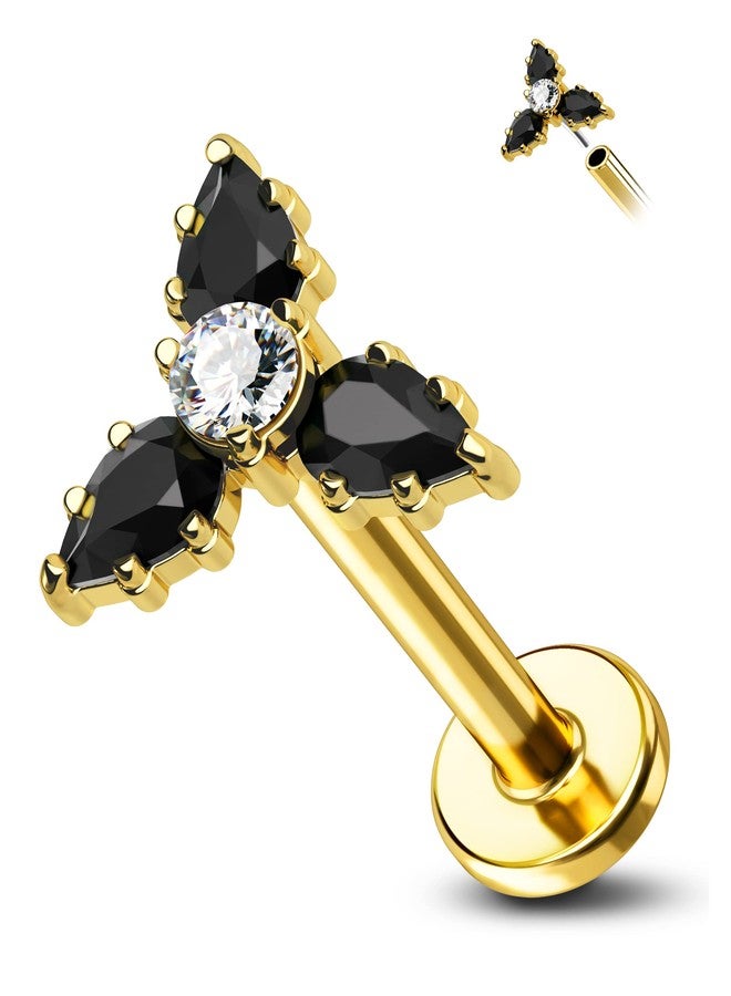 Cocharm G23 Titanium 16g Flat Back Helix Tragus Earring Stud - Gold Black Triple Floewr Threadless Cartilage Piercing Jewelry - Image 1