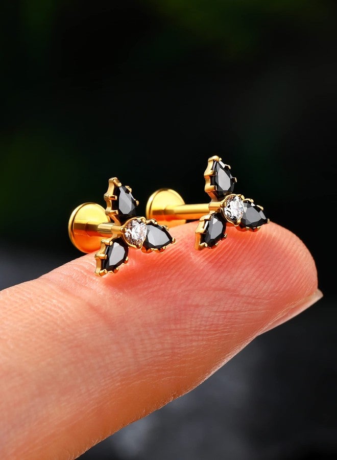 Cocharm G23 Titanium 16g Flat Back Helix Tragus Earring Stud - Gold Black Triple Floewr Threadless Cartilage Piercing Jewelry - Image 5