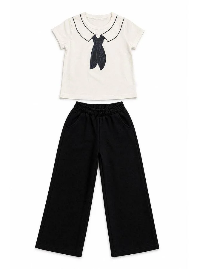 Perendi Girl's Scarf-Printed Cotton Outfit