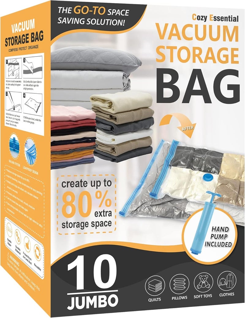 Cozy Essential 10 Jumbo Vacuum Storage Bags, Space Saver Bags Compression Storage Bags for Comforters and Blankets, Vacuum Sealer Bags for Clothes Storage, Hand Pump Included - Image 1