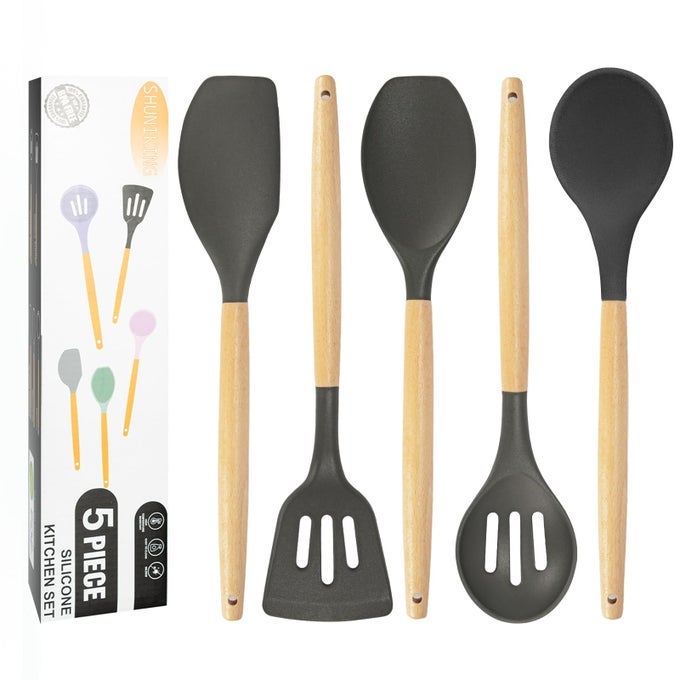 NONSTICK SILICONE COOKING UTENSILS SET 5 PCS WITH WOODEN HANDLE HEAT RESISTANT SILICONE KITCHEN GADGETS GRAY