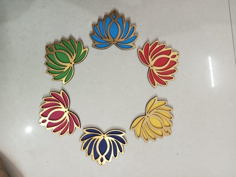 Klassie Lotus Flower Shape Double Wooden MDF Cutouts Best for DIYRangoli Diwali Ganesh Chaturthi HomeWall Decor Temple Wedding Stage Decoration 4 Inches Multicolour Set of 6  - Image 1