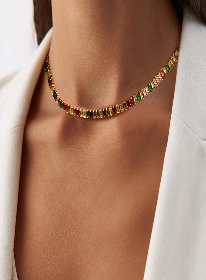 FANZE Sparkly Tennis Necklaces for Women Cubic Zirconia Gold Plated Choker Necklace Dainty Jewelry Gifts for Holiday Wedding Party Prom Valentines Day, Copper, Zircon - Image 2