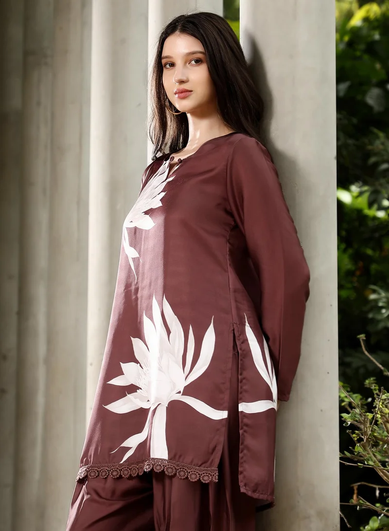 Qissa  Qissa Women's Chocolate Brown Wildflower-Block Imprint Kurta Set For Ethnic Wear | Keyhole Neck, Long Regular Sleeves | Floral Print Plain Fabric | 2 Piece Kurta Set Designed For Casual & Daily Wear for Women | Best Price UAE