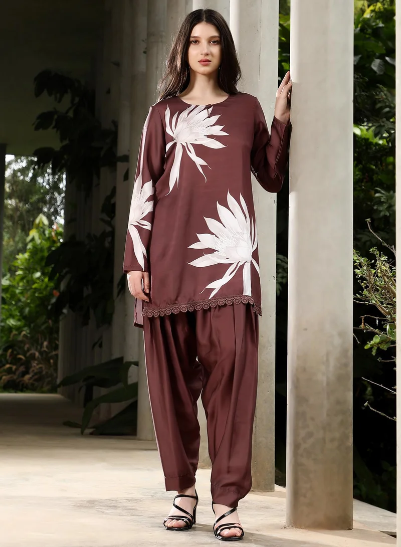 QISSA Qissa Women's Chocolate Brown Wildflower-Block Imprint Kurta Set For Ethnic Wear | Keyhole Neck, Long Regular Sleeves | Floral Print Plain Fabric | 2 Piece Kurta Set Designed For Casual & Daily Wear