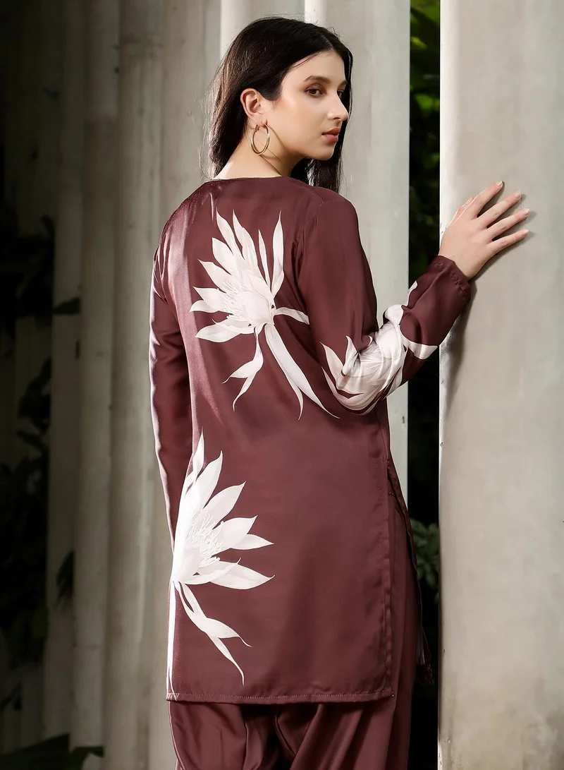 Qissa  Qissa Women's Chocolate Brown Wildflower-Block Imprint Kurta Set For Ethnic Wear | Keyhole Neck, Long Regular Sleeves | Floral Print Plain Fabric | 2 Piece Kurta Set Designed For Casual & Daily Wear for Women | Best Price UAE
