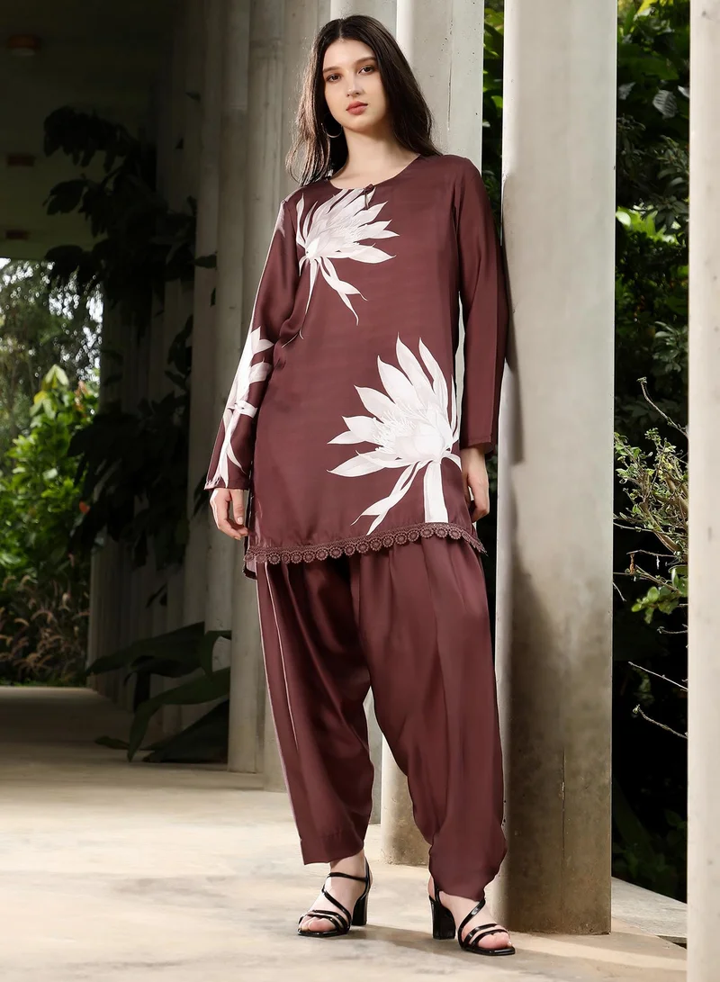 Qissa  Qissa Women's Chocolate Brown Wildflower-Block Imprint Kurta Set For Ethnic Wear | Keyhole Neck, Long Regular Sleeves | Floral Print Plain Fabric | 2 Piece Kurta Set Designed For Casual & Daily Wear for Women | Best Price UAE