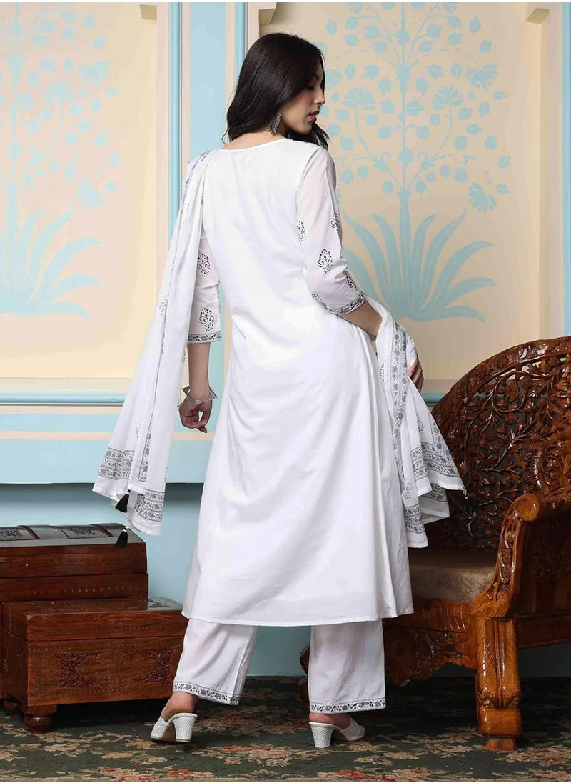 آي شين Women's White 100% Cotton Embellished Tunic Full Length Casual Straight Fit Kurta Set