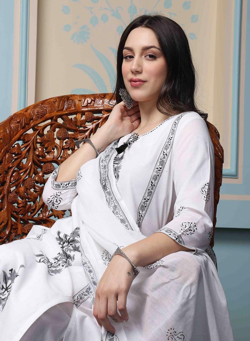 ISHIN Women's White 100% Cotton Embellished Tunic Full Length Casual Straight Fit Kurta Set  - Image 2