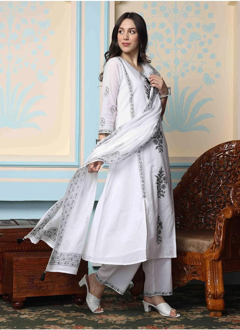 آي شين Women's White 100% Cotton Embellished Tunic Full Length Casual Straight Fit Kurta Set