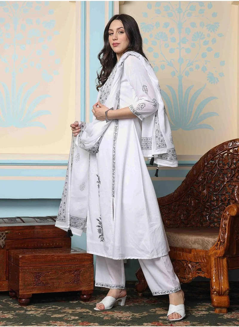 آي شين Women's White 100% Cotton Embellished Tunic Full Length Casual Straight Fit Kurta Set