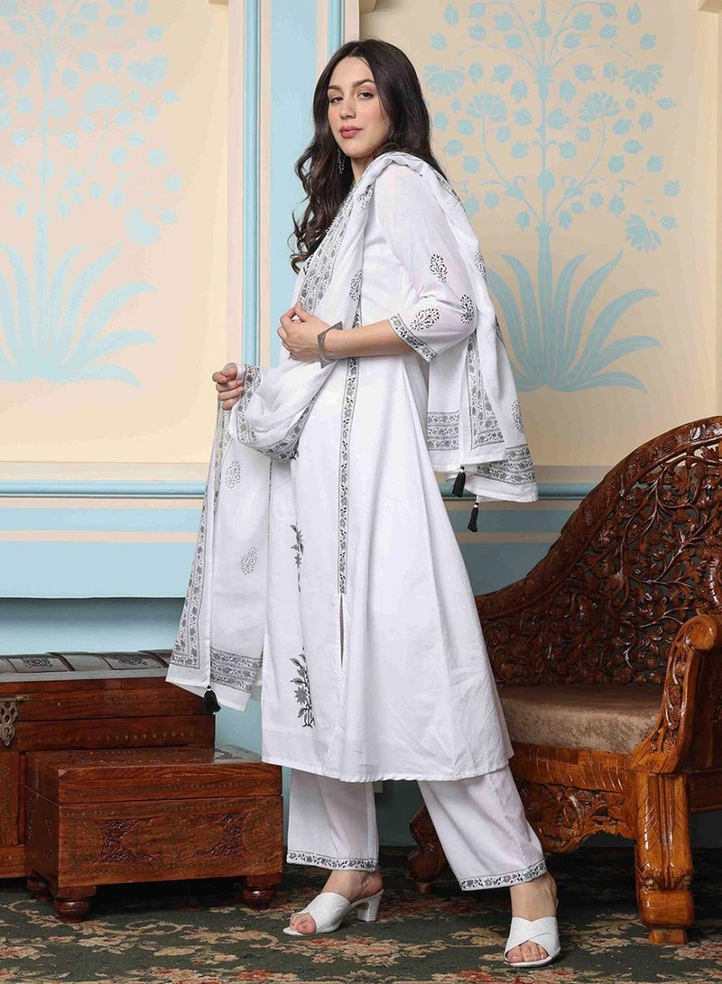 ISHIN Women's White 100% Cotton Embellished Tunic Full Length Casual Straight Fit Kurta Set  - Image 5