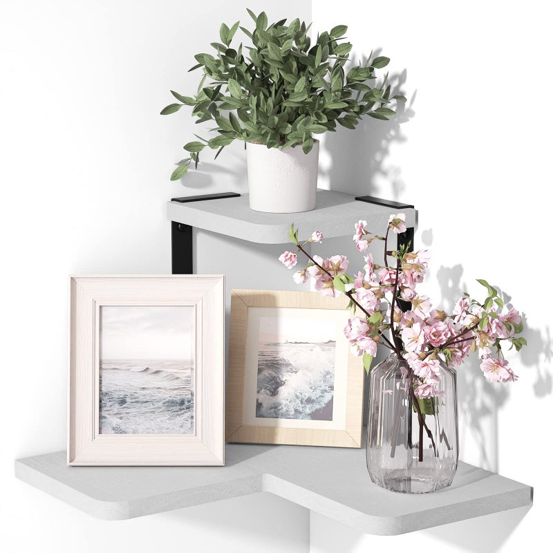 SRIWATANA رف زاوية سريواتانا من الخشب الريفي، رف حائط مثبت على الحائط لغرفة النوم، غرفة المعيشة، المطبخ، أبيض