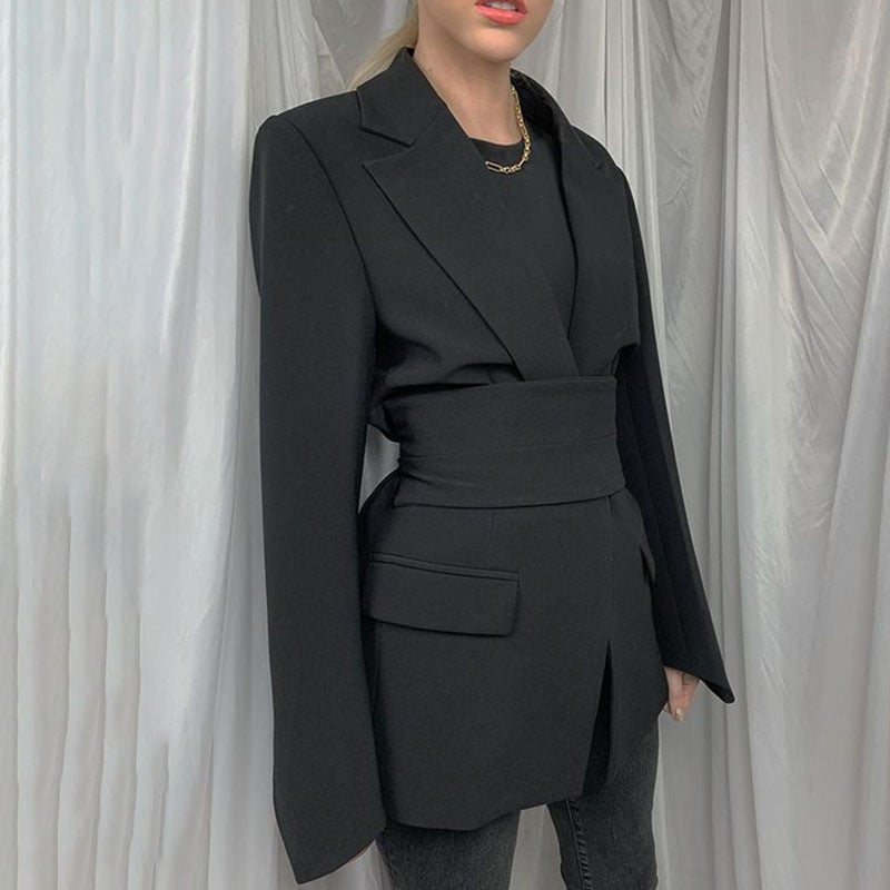 Fashion Solid Color Long Sleeve Cardigan Strap Coat Womens Casual Elegant Autumn and Winter Belt Design Sense suit Pants for Women Black