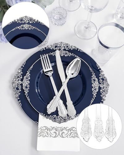 Hioasis 175pcs Blue and Silver Plastic Plates - Elegant Disposable Dinnerware Set Suitable for 25 Guests Include 10.25" Dinner & 7.5" Dessert Plates, Cutlery, Napkins, Cups for Party & Wedding - Image 5