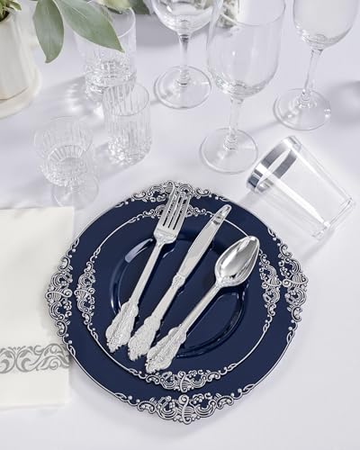 Hioasis 175pcs Blue and Silver Plastic Plates - Elegant Disposable Dinnerware Set Suitable for 25 Guests Include 10.25" Dinner & 7.5" Dessert Plates, Cutlery, Napkins, Cups for Party & Wedding - Image 4