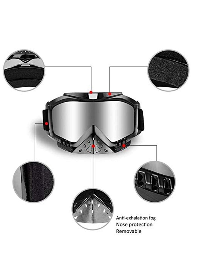 Motorcycle Goggles for Dirt Bikes and ATVs, UV Protection, Windproof, Dustproof, Anti-Fog, Stylish Silver Lens, 2-in-1 Design for Off-Road Racing