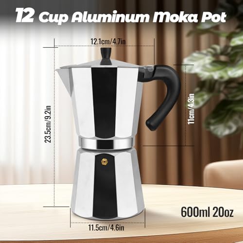 Vaolvpant 12 Cup Aluminum Moka Pot Classic Stovetop Espresso Coffee Maker 600ml 20oz Coffeemaker Percolator Mocha Pot Greca Coffee Maker Cafe Makers for Italian and Cuban Caf Brewing Silver - Image 3