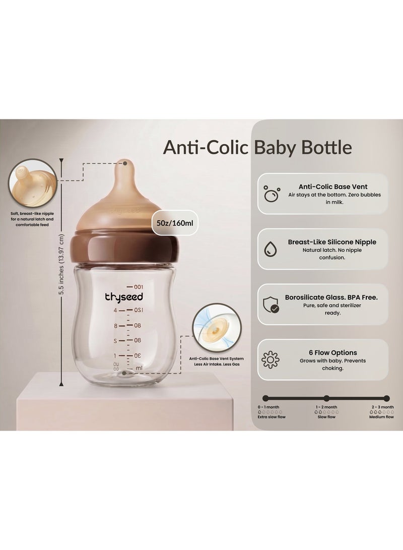 THYSEED Natural Anti-Colic Glass Baby Bottle 160ml for Infants (1–2 Months) | BPA-Free Safe Feeding Bottle | Heat Resistant Glass | Soft Silicone Nipple | Easy to Clean | Pack of 2 - Image 2