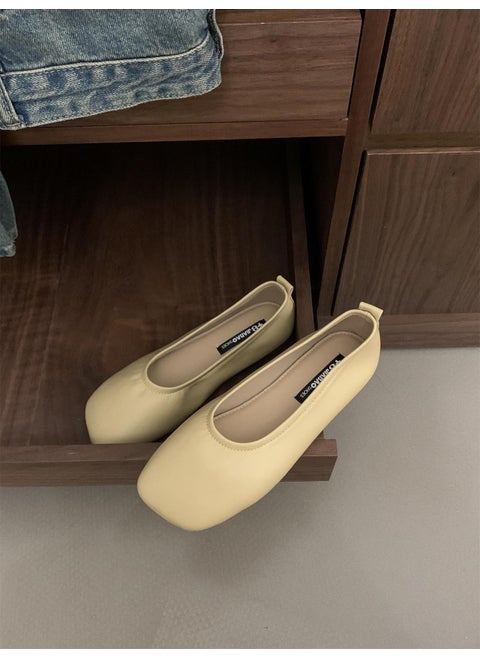 Womens Ballet Slippers Simple Versatile Soft Leather Soft Sole Milk Sapatoes Square Head Ruffles Evening Wind Single Shoes Bean Yellow