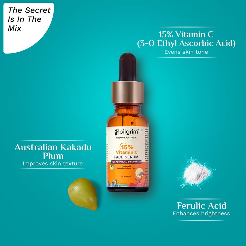 PILGRIM Pilgrim 15 Vitamin C Serum 20ml For Glowing Skin Advanced Formulation With Ferulic Acid Vitamin E Reduces Dark Spots Pigmentation For All Oily Combination Normal Skin Men Women - Image 4