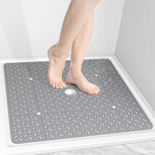OTHWAY Square Shower Mat, 27"x 27" Extra Large Shower Mats for Inside Shower, TPE Anti Slip Shower Mat with Suction Cups Drain Holes, Machine Washable Shower Floor Mat (Grey) - Image 1