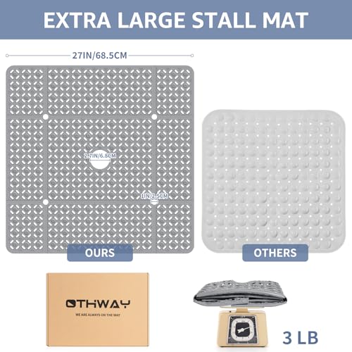 OTHWAY Square Shower Mat, 27"x 27" Extra Large Shower Mats for Inside Shower, TPE Anti Slip Shower Mat with Suction Cups Drain Holes, Machine Washable Shower Floor Mat (Grey) - Image 4