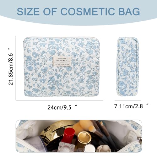 Gosect Floral Makeup Bag Large Cosmetic Bag for Women Girls Cute Cotton Make up Pouch Quilted Makeup Bags Flower Travel Toiletry Organizer BagBlue Floral - Image 3