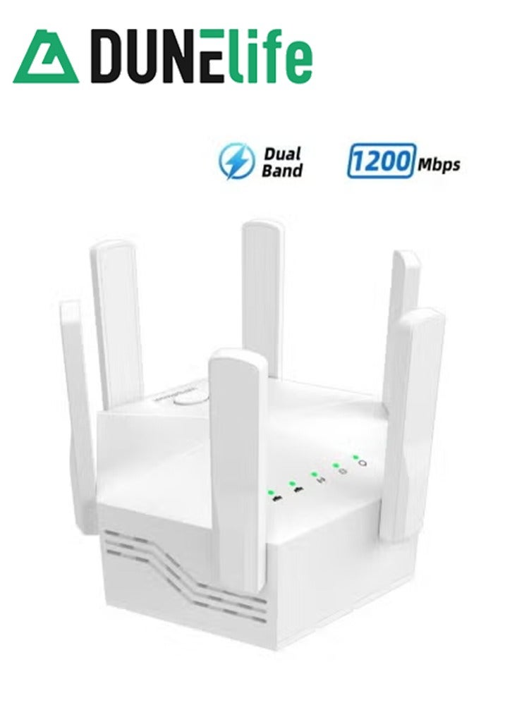 DUNELIFE Eliminate Wi-Fi dead zones with the AC1200 dual-band signal extender.  Enjoy true whole-house coverage with both 5GHz and 2.4GHz bands, 1200Mbps high speed, intelligent signal indicator, and one-button setup. - Image 1