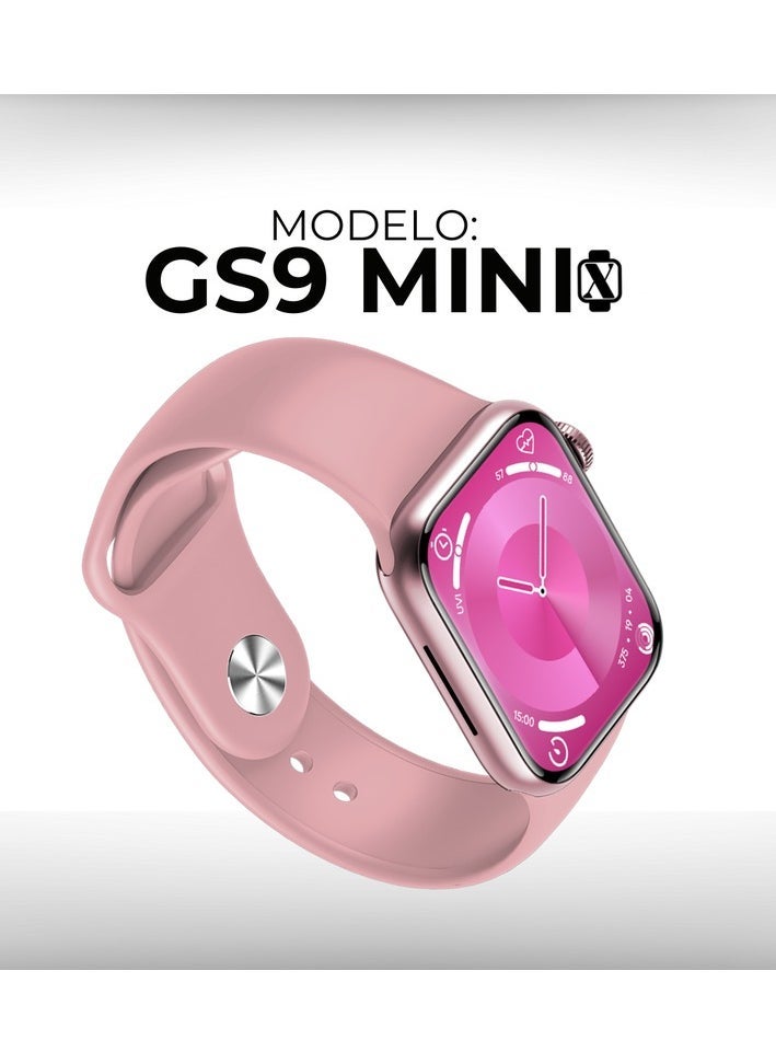 GS9 Mini Smartwatch with 1.75-Inch AMOLED Display in Stylish Pink, Always-On Screen, Raise to Awake Function, Advanced Health Monitoring, Multi Sport Tracking Modes, 1 GB Storage for Music & Apps, Long Battery Life, Lightweight Design, 15 Months Warranty – Perfect for Fitness and Everyday Wear