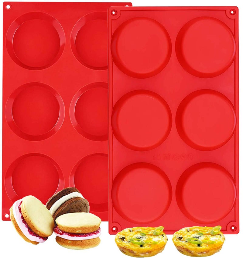 Silicone Muffin Top Pans 2 Pack Nonstick 3 Whoopie Pie Baking Pan 3 Inch Round Tray Silicone Egg Sandwich Molds for Mini Cakes Biscuits Egg Cloud Bread Buns English Muffins Breakfast Sandwiches