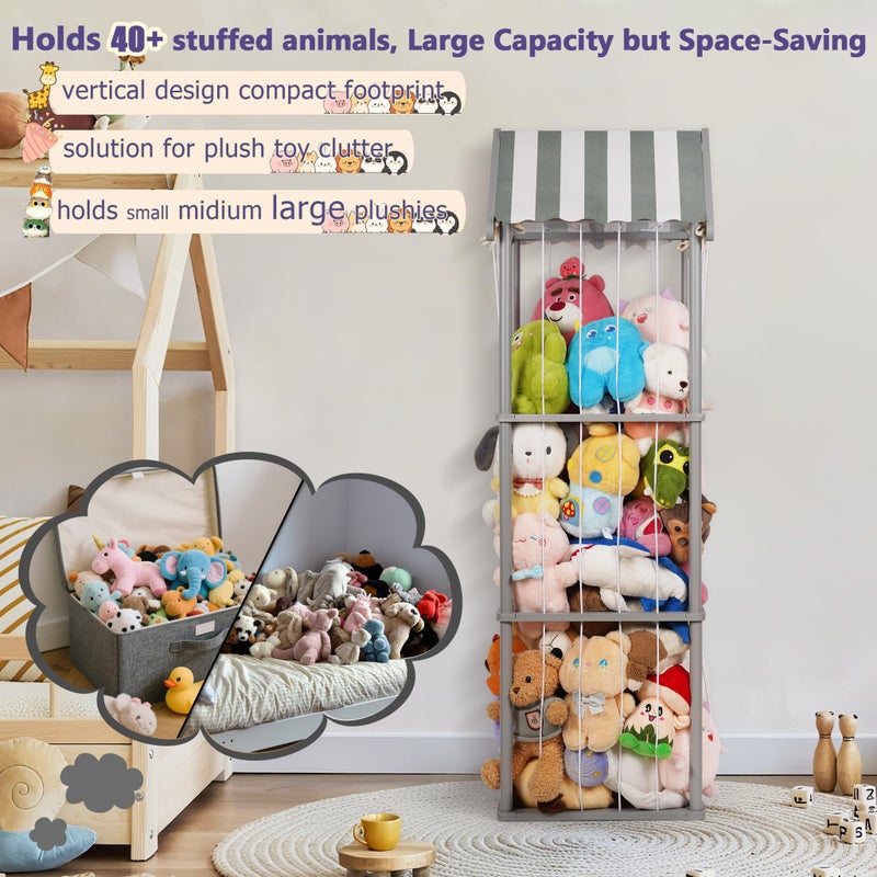 Edudif Stuffed Animal Storage, Space Saving Vertical Stuffed Animal Holder Wood, Easy Assembly Cottage-Style Plush Toys Organizer for Bedroom & Playroom (Gray, Large) - Image 5