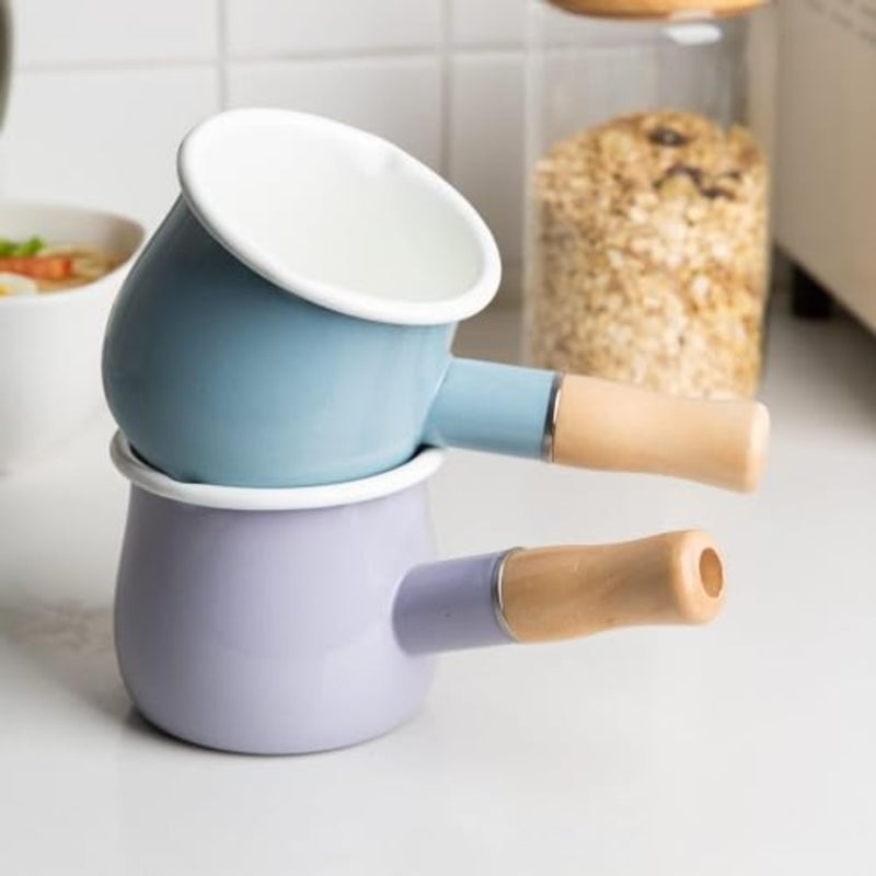 4-Inch Enamel Milk Pot for Kitchen Use, Purple Enamel-Coated Steel, Non-Stick Interior, Wooden Handle, 17Oz Capacity - Image 4