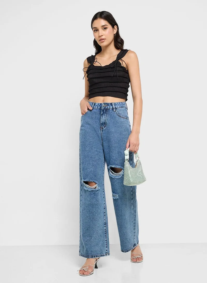 Ginger BLUE High Rise Relaxed Fit Ripped Jeans for Women | Best Price UAE