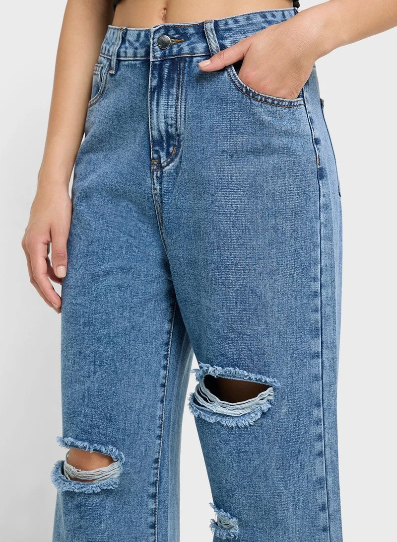 Ginger BLUE High Rise Relaxed Fit Ripped Jeans for Women | Best Price UAE
