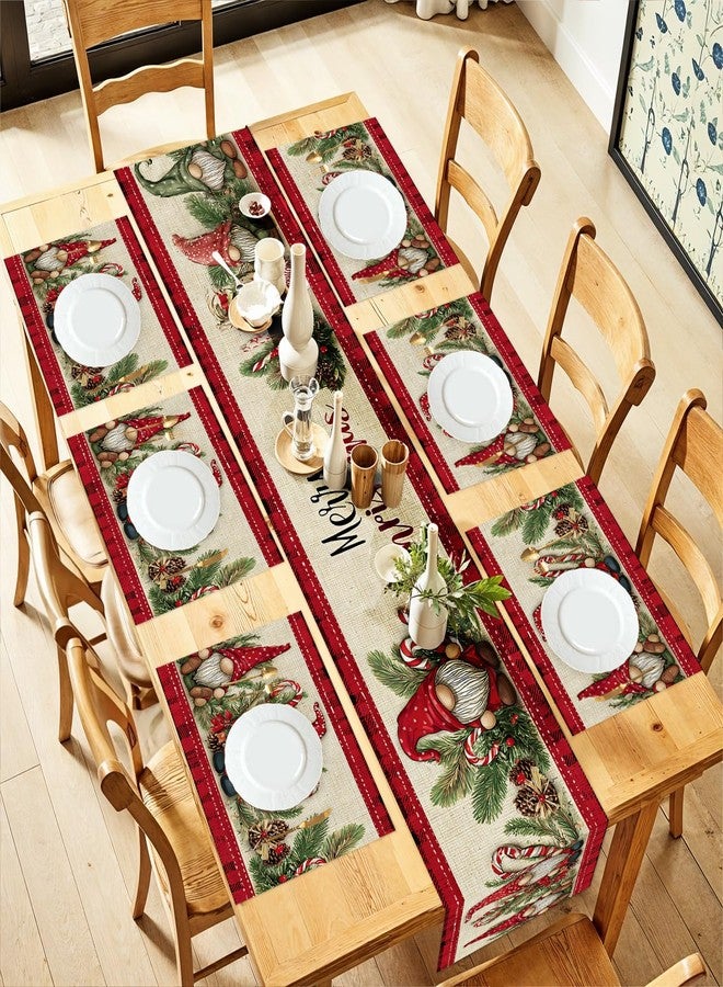 ANNA QUEEN Christmas Gnome Table Runner and Placemats Set of 6, 13"x72" Rustic Table Runner with 12"x18" Placemats, Farmhouse Holiday Dining Table Set - Image 1