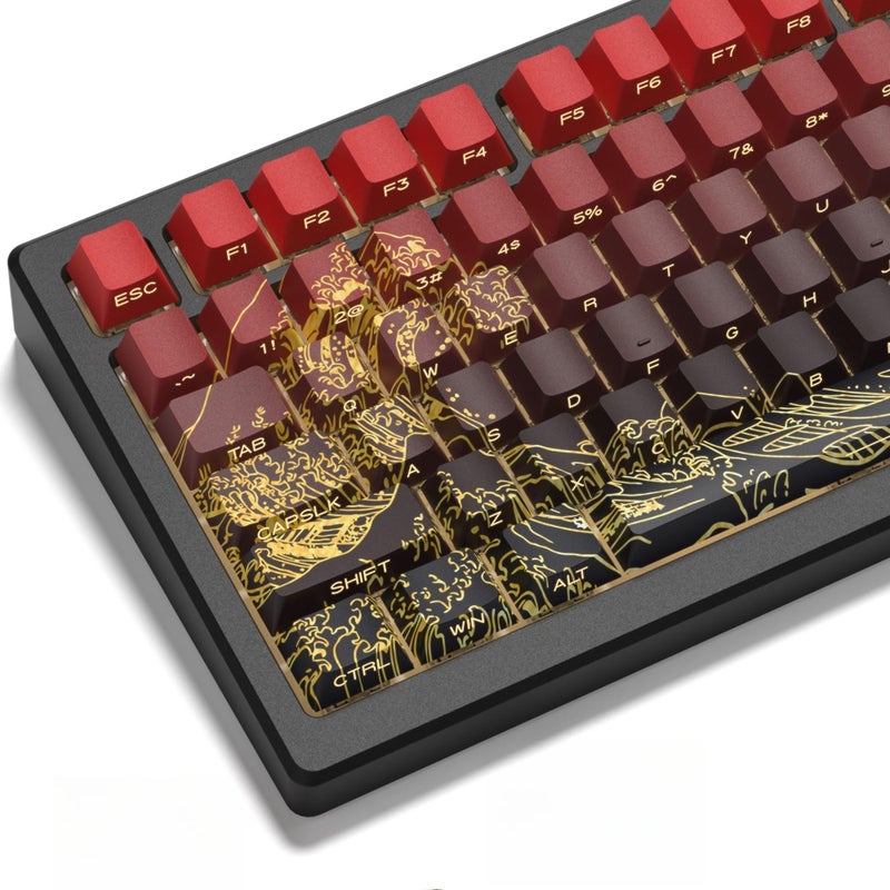 dagaladoo redBlack Kanagawa keycaps Double Shot PBT keycaps Shine Through Keyboard Keys Side Printed Key caps Cherry Profile Custom keycap Set for 100 75 65 60 US Layout Mechanical Keyboard
